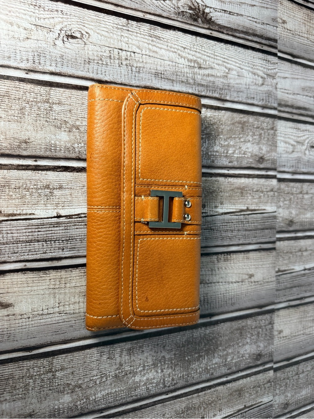 Fossil Tan Leather Card Holder Wallet with Metal Clasp